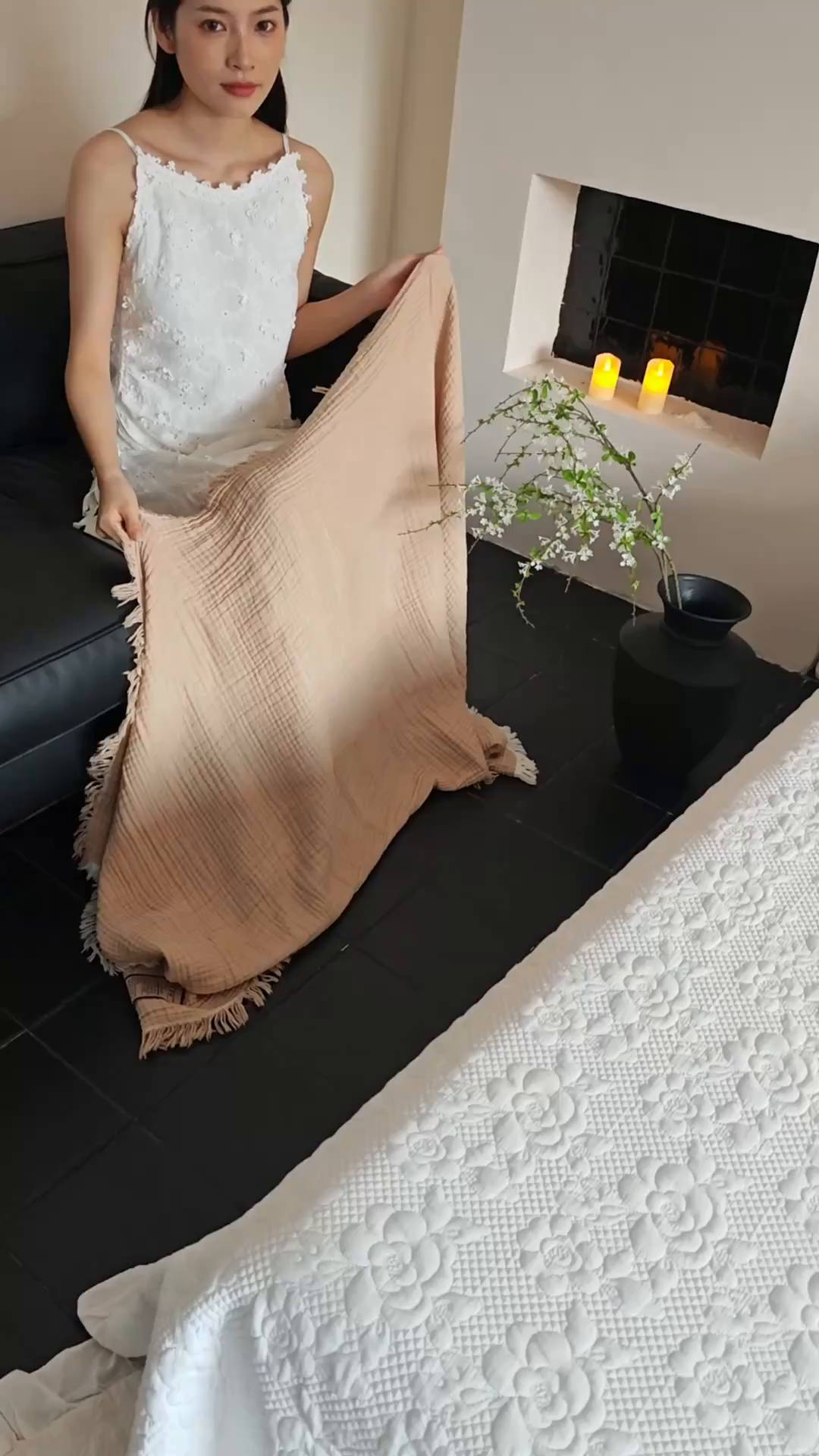 91家纺网 家纺一手货源 找家纺 沐瑟家纺 2025新款四层全棉纱布流苏毯系列-浪漫 浪漫-焦糖色