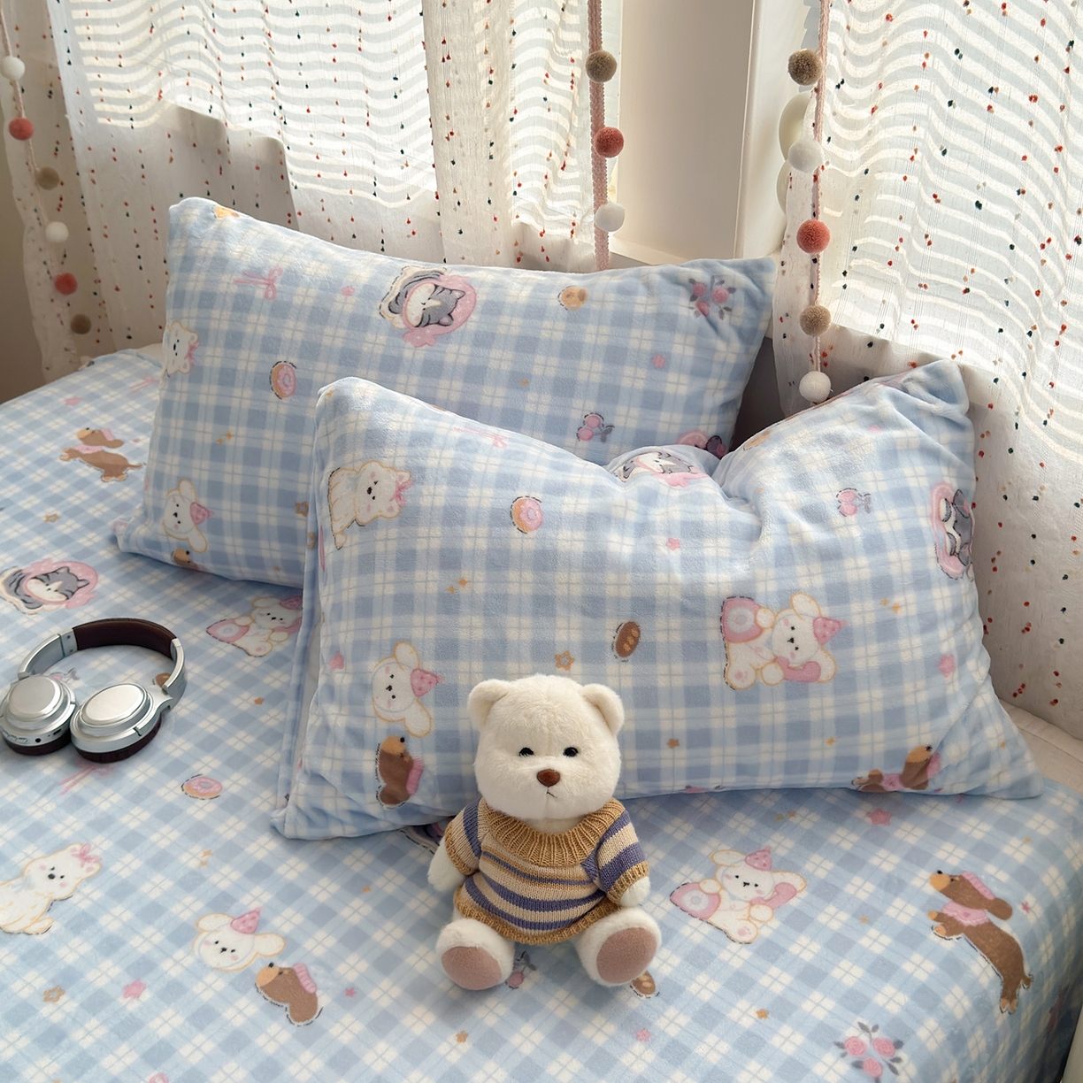 91家纺网 家纺一手货源 找家纺 沐芷 2025 高克重加厚A类牛奶绒四件套珊瑚绒卡通简约三件套 【绒】蓝色小窝