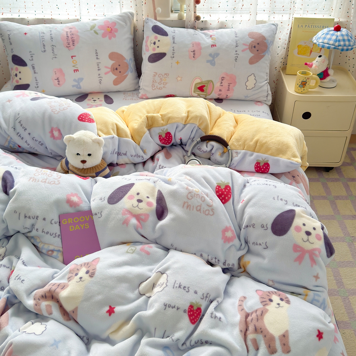 91家纺网 家纺一手货源 找家纺 沐芷 2025 高克重加厚A类牛奶绒四件套珊瑚绒卡通简约三件套 【绒】趣味课堂