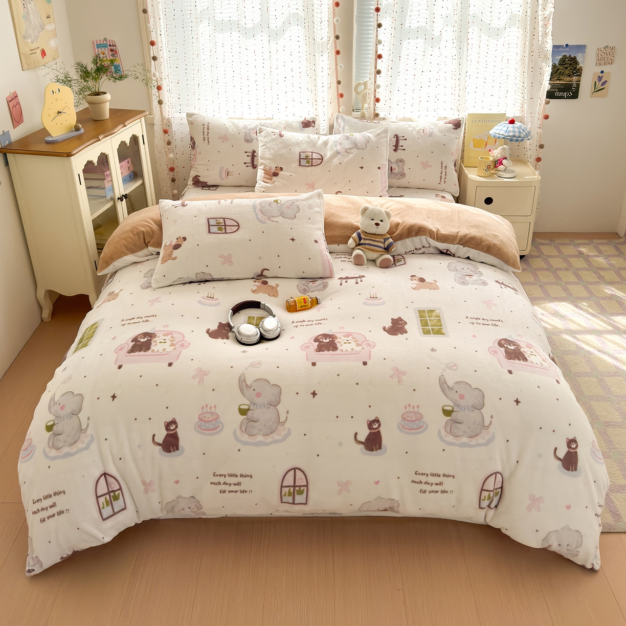 91家纺网 家纺一手货源 找家纺 沐芷 2025 高克重加厚A类牛奶绒四件套珊瑚绒卡通简约三件套 【绒】软萌小象