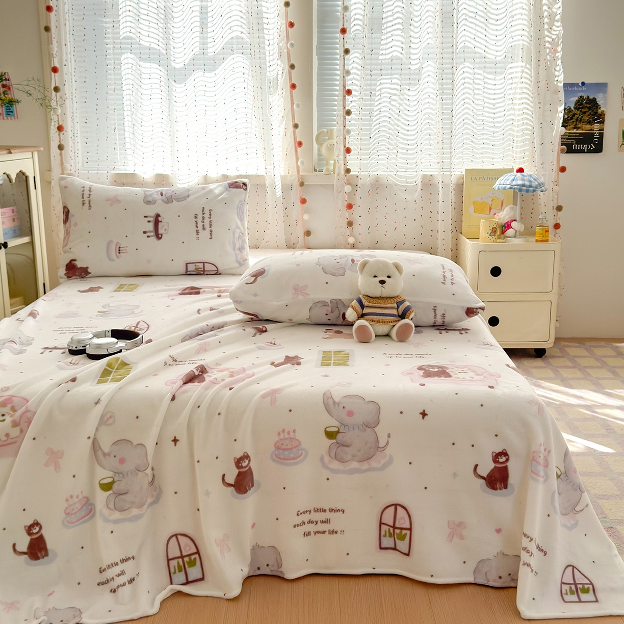 91家纺网 家纺一手货源 找家纺 沐芷 2025 高克重加厚A类牛奶绒四件套珊瑚绒卡通简约三件套 【绒】软萌小象