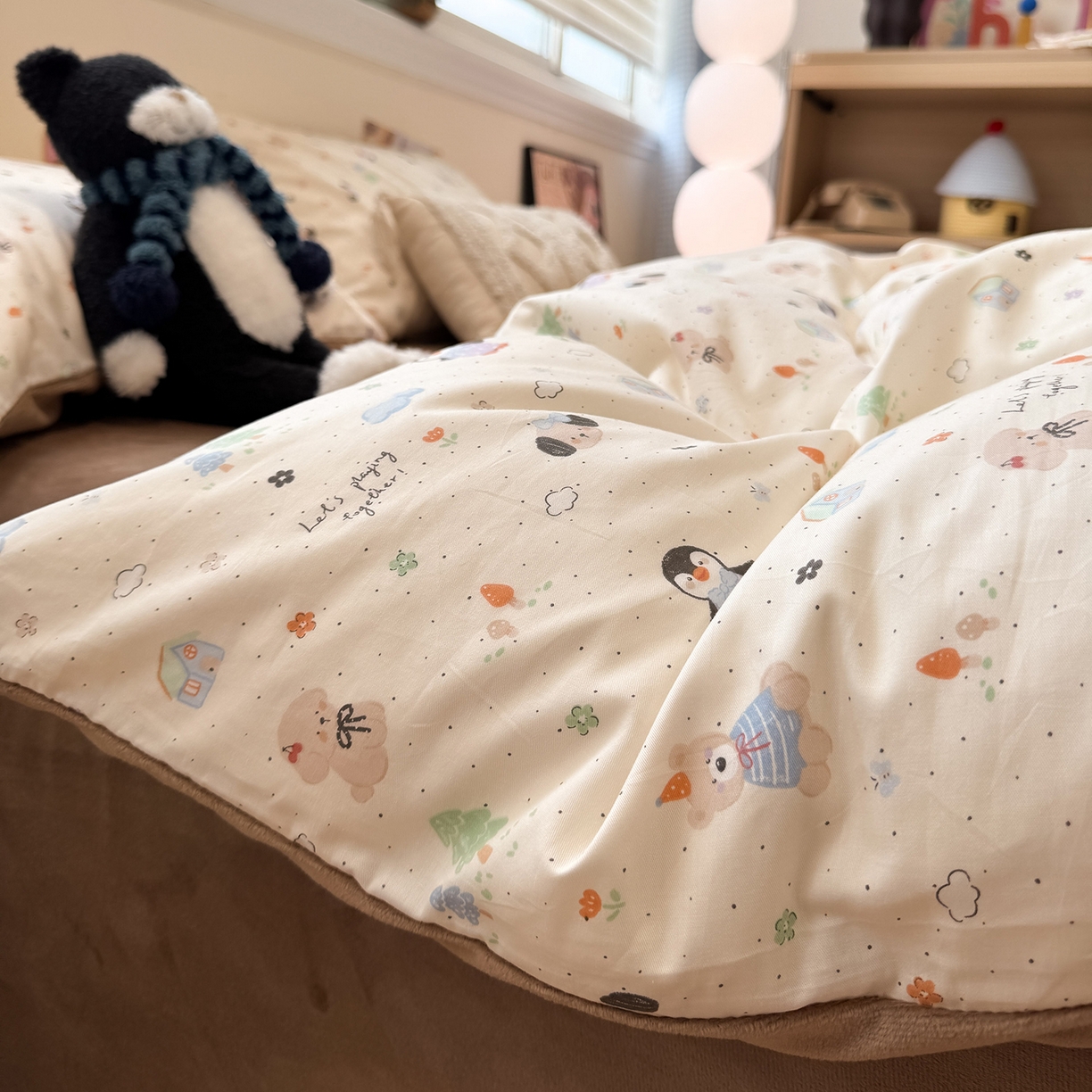 91家纺网 家纺一手货源 找家纺 怡家居 2025新款秋冬保暖全棉加绒四件套 QQ乐园