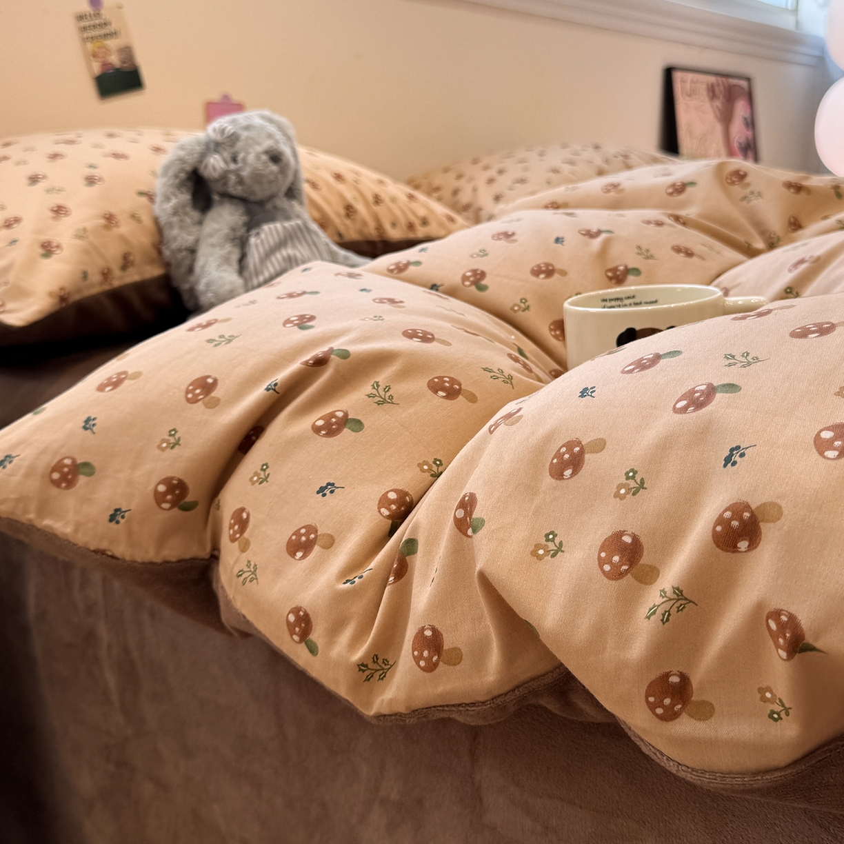 91家纺网 家纺一手货源 找家纺 怡家居 2025新款秋冬保暖全棉加绒四件套 小蘑菇