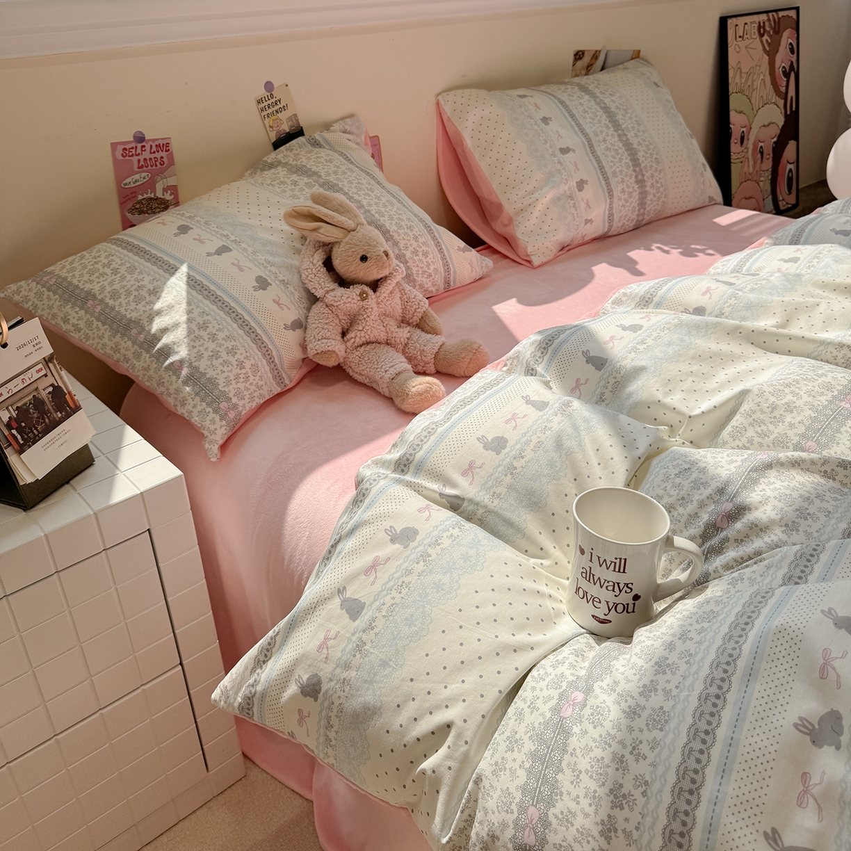 91家纺网 家纺一手货源 找家纺 怡家居 2025新款秋冬保暖全棉加绒四件套 花边兔