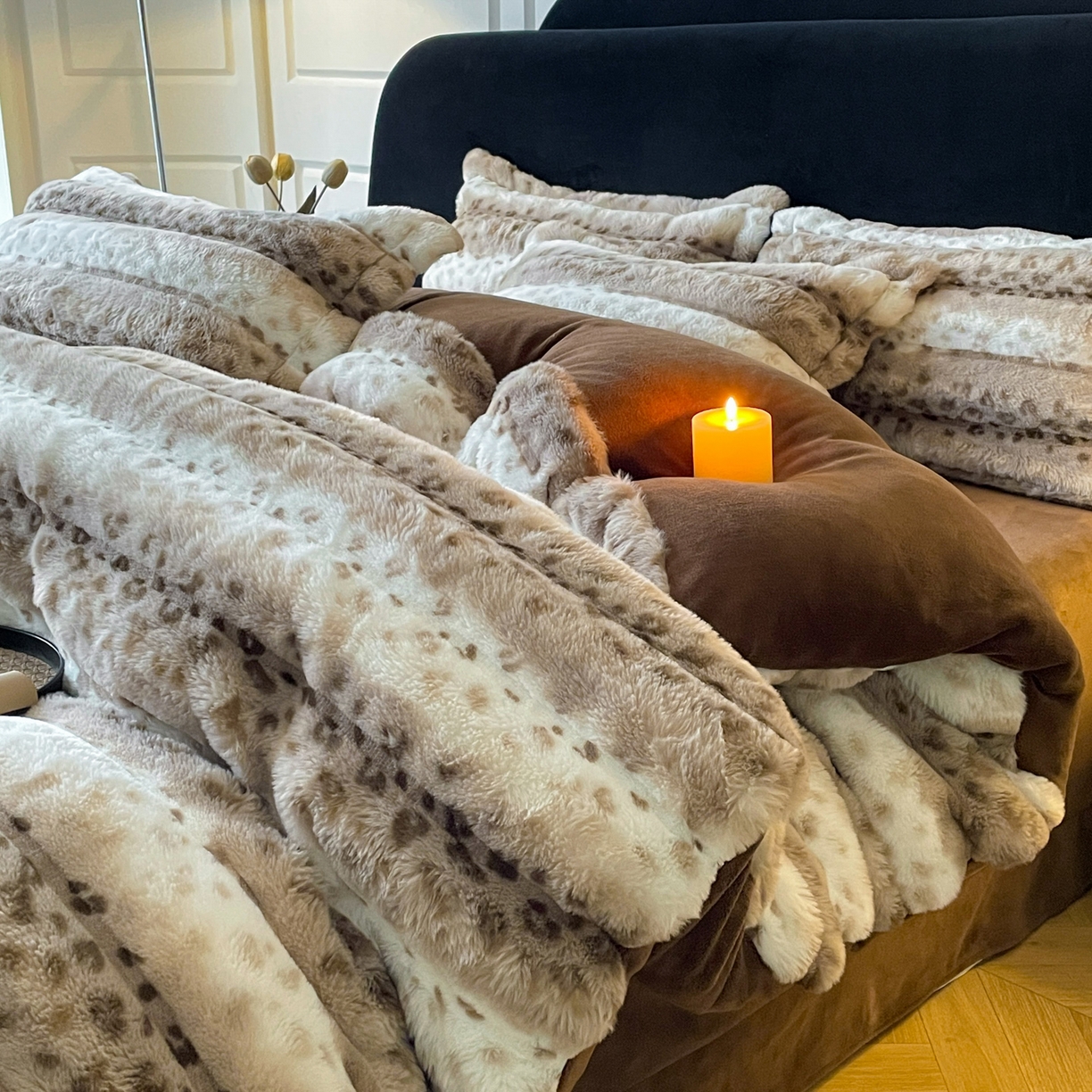 91家纺网 家纺一手货源 找家纺 典曼家纺 2025新款加厚保暖兔绒四件套-豹纹系列 豹纹-咖条