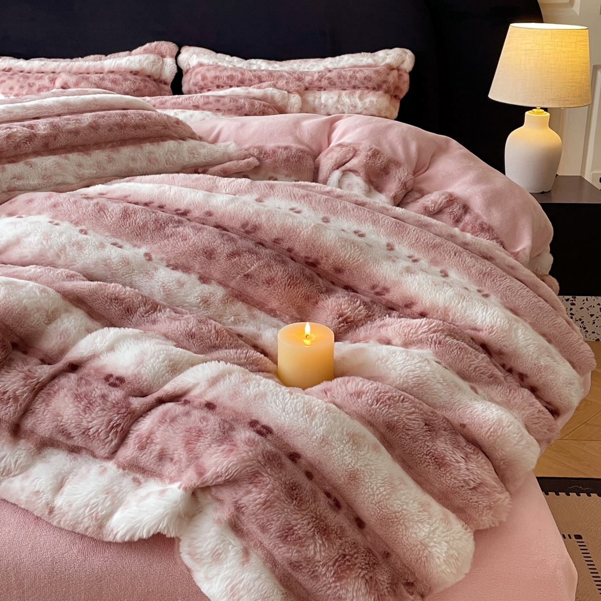 典曼家纺 2025新款加厚保暖兔绒四件套-豹纹系列 豹纹-粉条