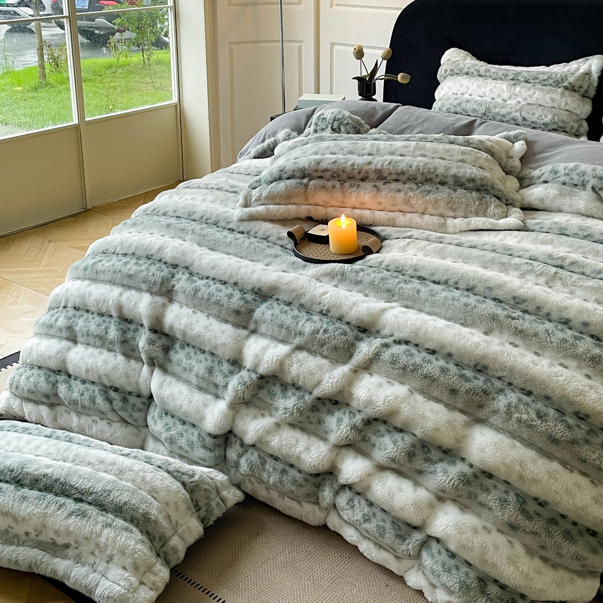 91家纺网 家纺一手货源 找家纺 典曼家纺 2025新款加厚保暖兔绒四件套-豹纹系列 豹纹-绿条