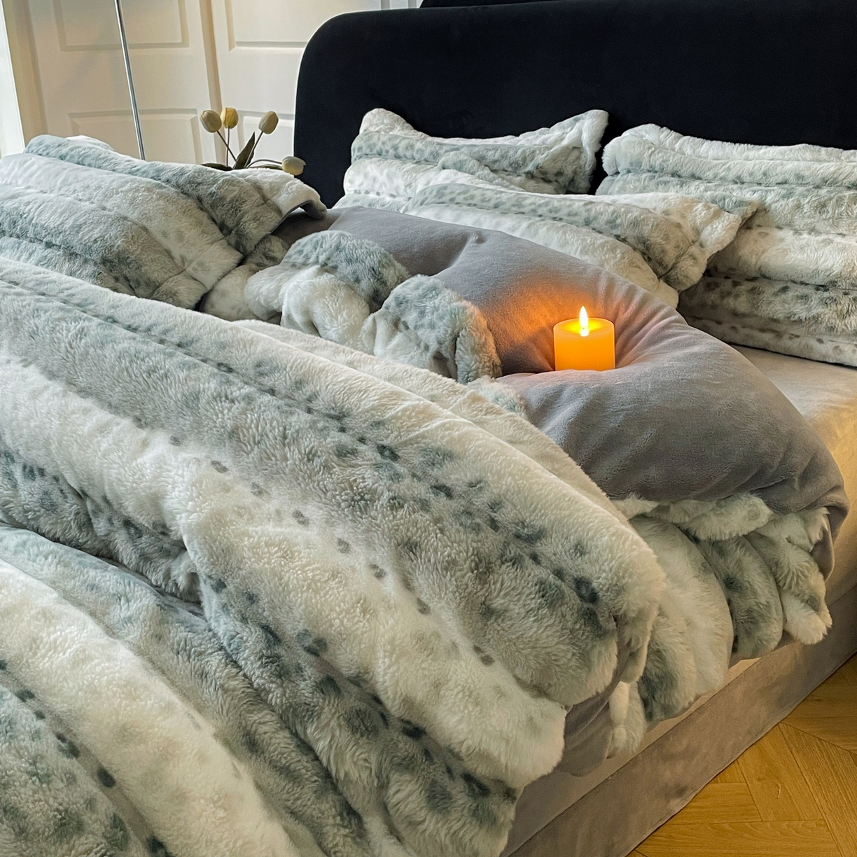 91家纺网 家纺一手货源 找家纺 典曼家纺 2025新款加厚保暖兔绒四件套-豹纹系列 豹纹-绿条