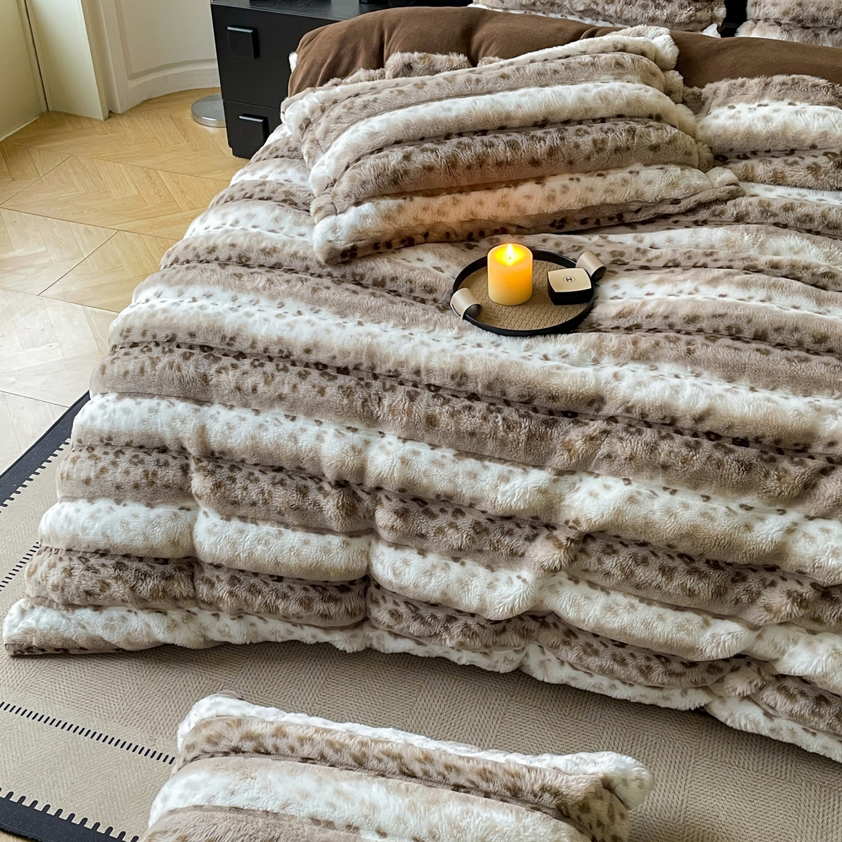 91家纺网 家纺一手货源 找家纺 典曼家纺 2025新款加厚保暖兔绒四件套-豹纹系列 豹纹-咖条