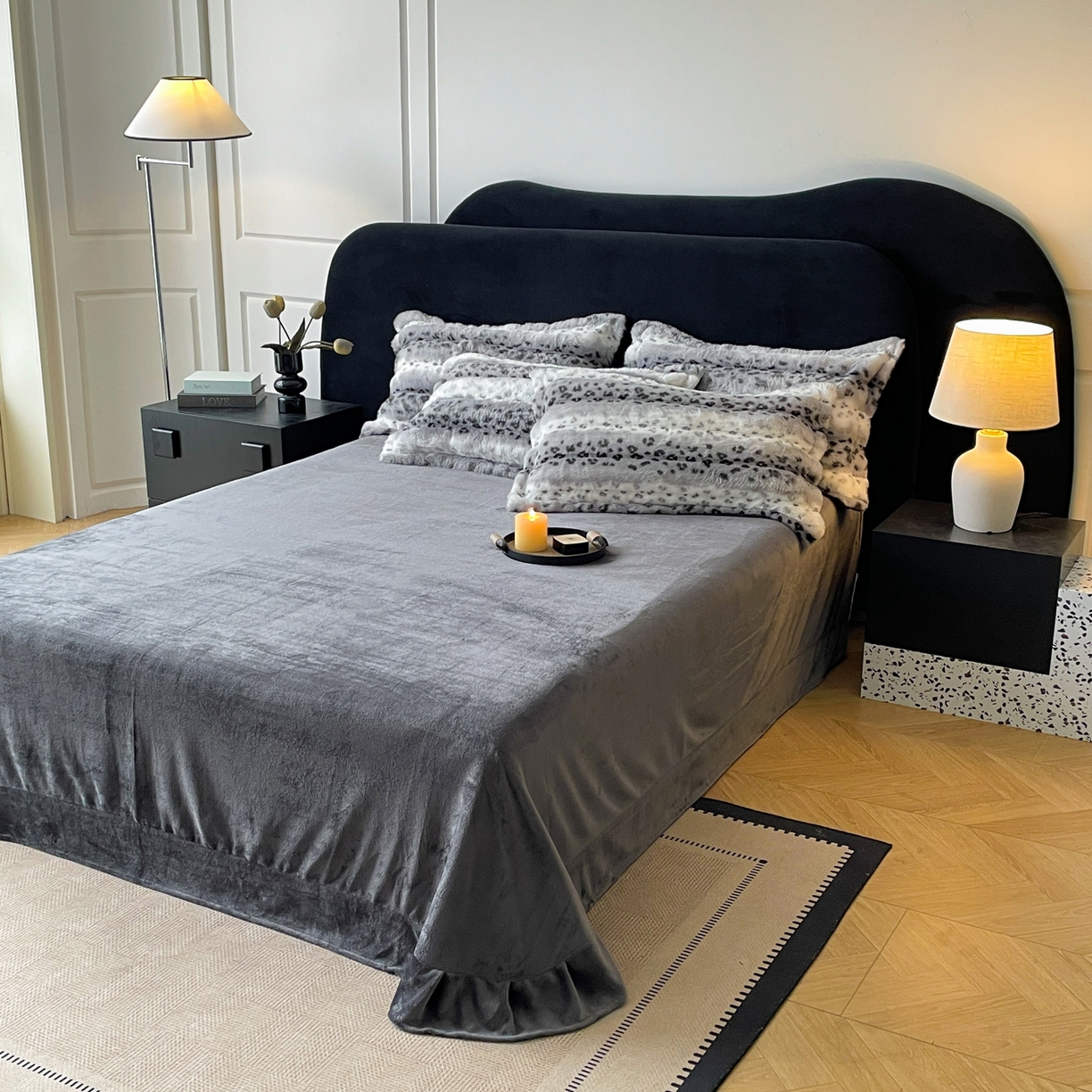 91家纺网 家纺一手货源 找家纺 典曼家纺 2025新款加厚保暖兔绒四件套-豹纹系列 豹纹-灰条