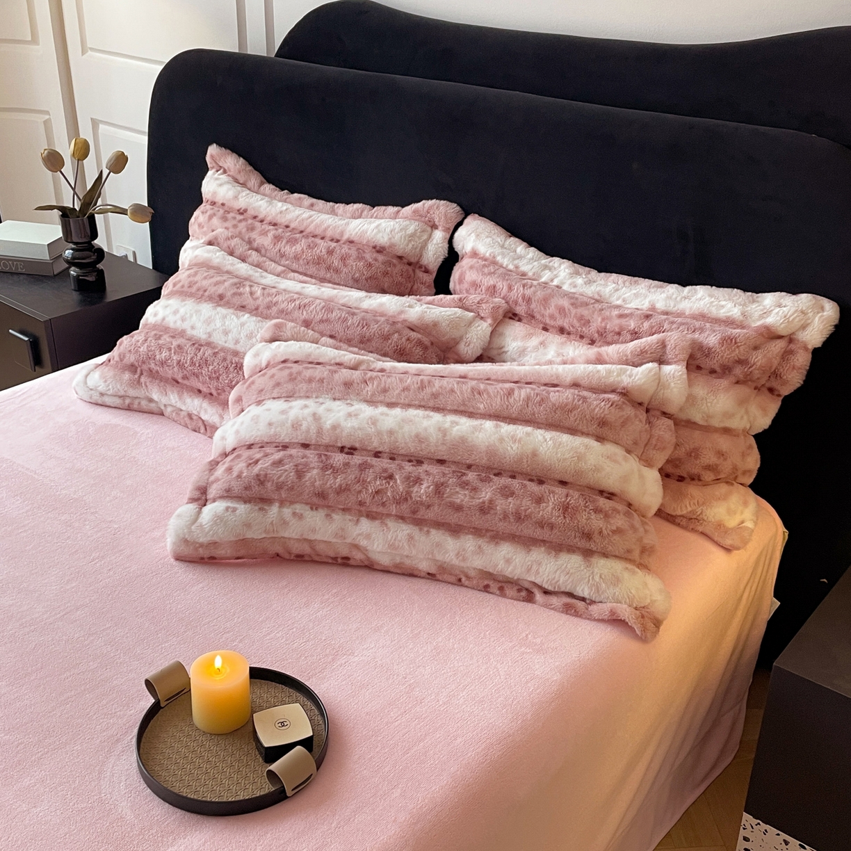 91家纺网 家纺一手货源 找家纺 典曼家纺 2025新款加厚保暖兔绒四件套-豹纹系列 豹纹-粉条