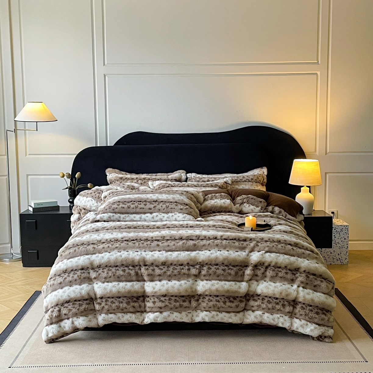 91家纺网 家纺一手货源 找家纺 典曼家纺 2025新款加厚保暖兔绒四件套-豹纹系列 豹纹-咖条