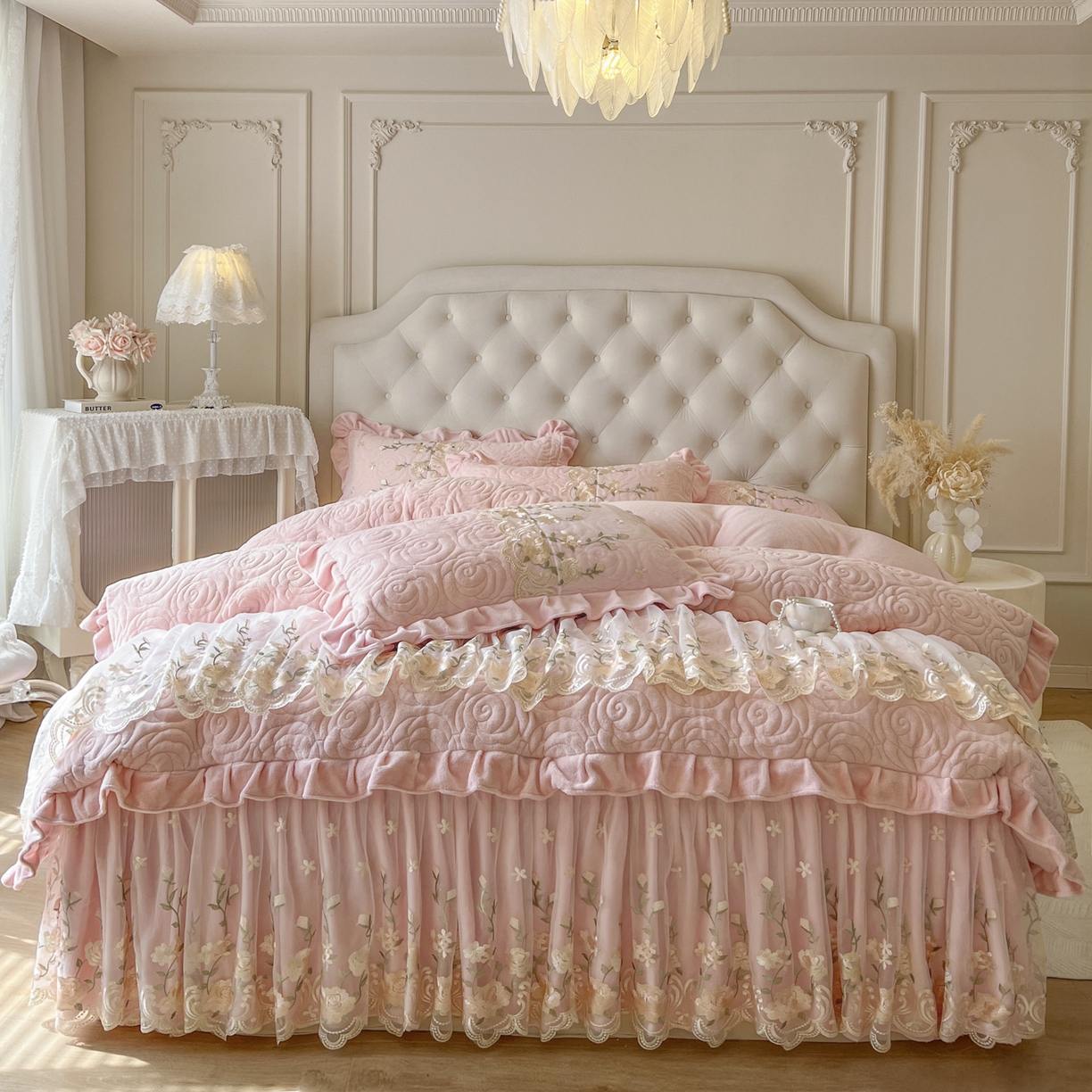 91家纺网 家纺一手货源 找家纺 恋尚 2025新款柔软牛奶绒保暖蕾丝床裙四件套-玫瑰故事（控价305） 玫瑰故事-清新粉