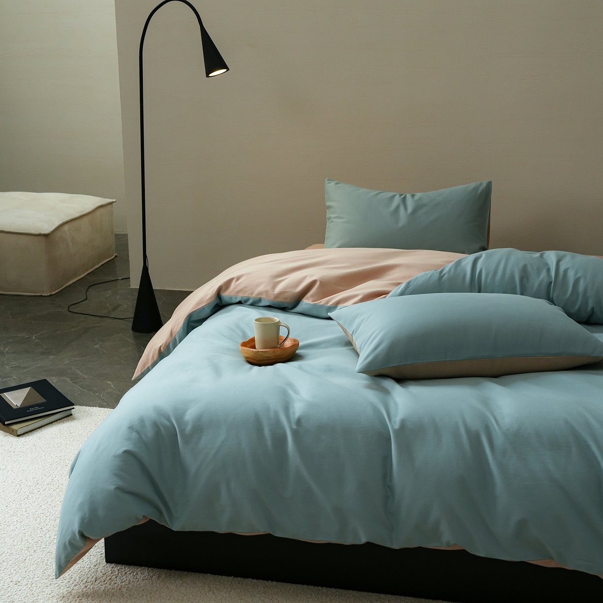 91家纺网 家纺一手货源 找家纺 禾时 2025新款A类全棉贡缎磨毛纯色四件套（礼盒包装）-风格1 蓝黛