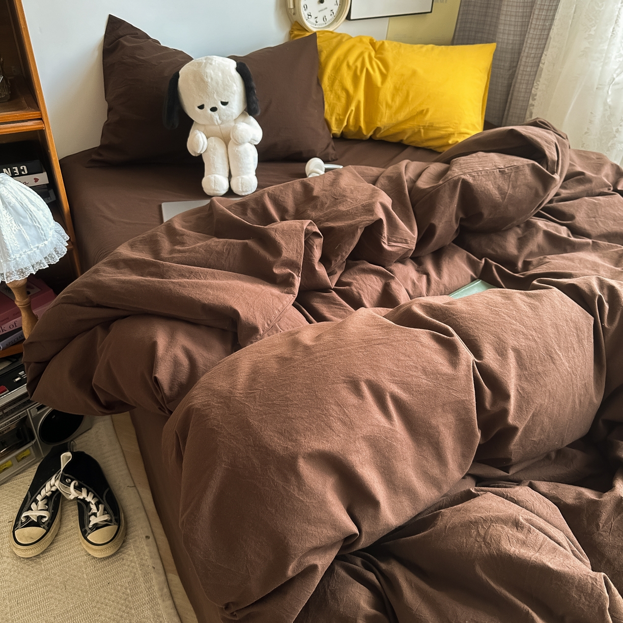 91家纺网 家纺一手货源 找家纺 对白 2025新款全棉纯棉色织水洗棉四件套-纯色摩卡 摩卡（枕套摩卡+姜黄）