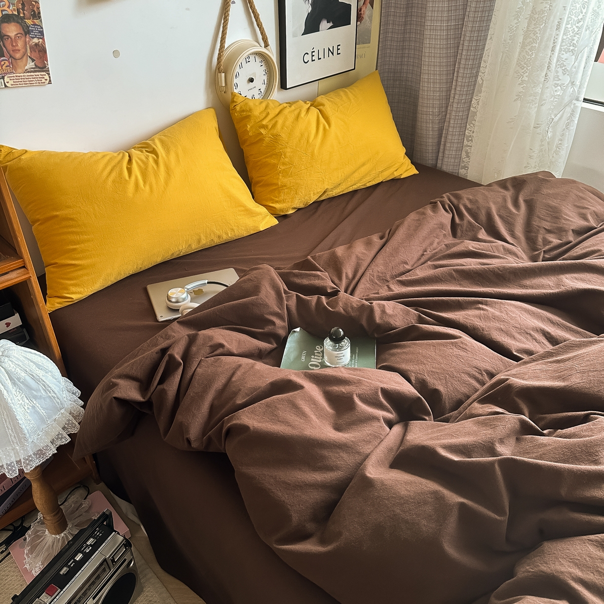 91家纺网 家纺一手货源 找家纺 对白 2025新款全棉纯棉色织水洗棉四件套-纯色摩卡 摩卡（枕套姜黄）