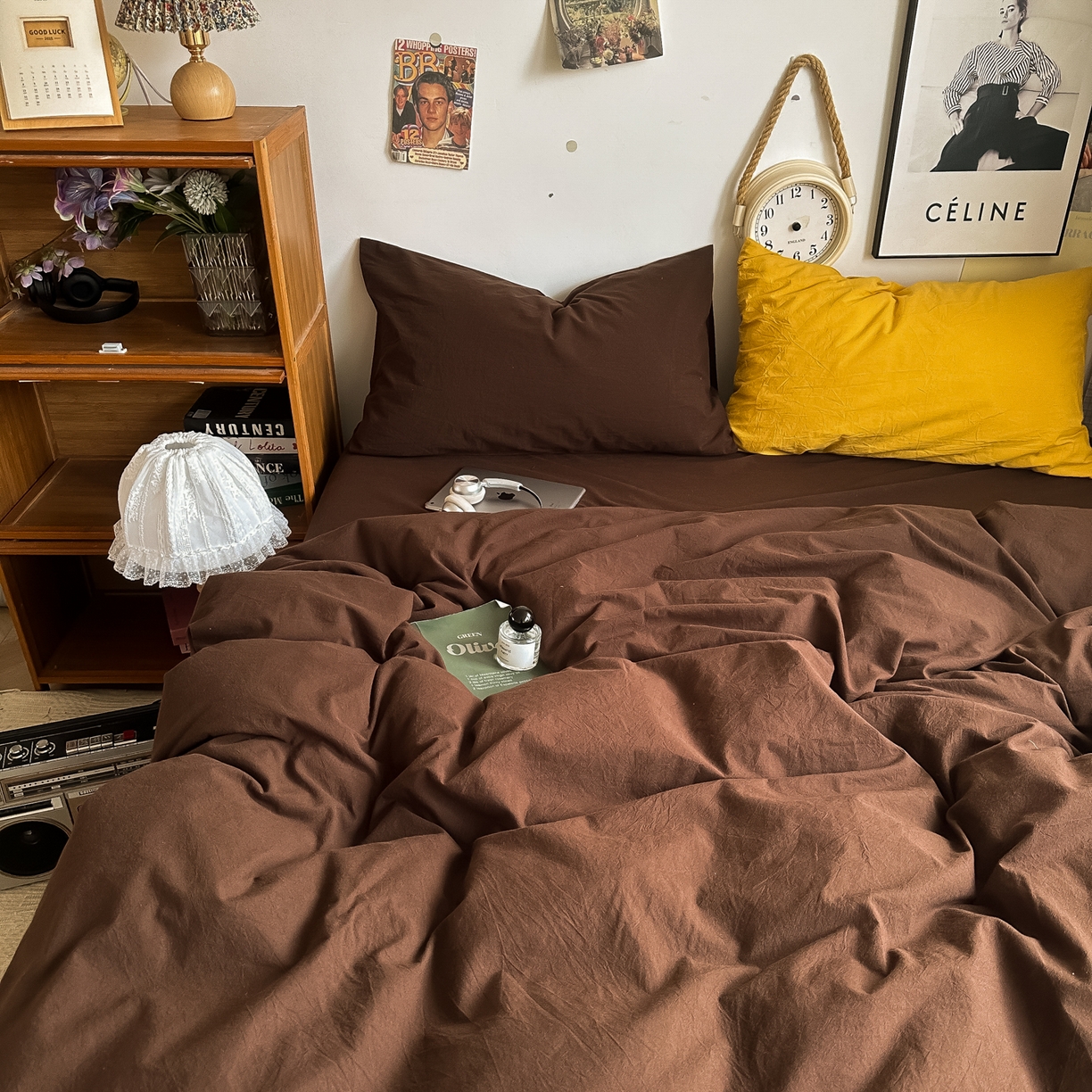 91家纺网 家纺一手货源 找家纺 （总）对白 2025新款全棉纯棉色织水洗棉四件套-纯色摩卡【提供买家秀】