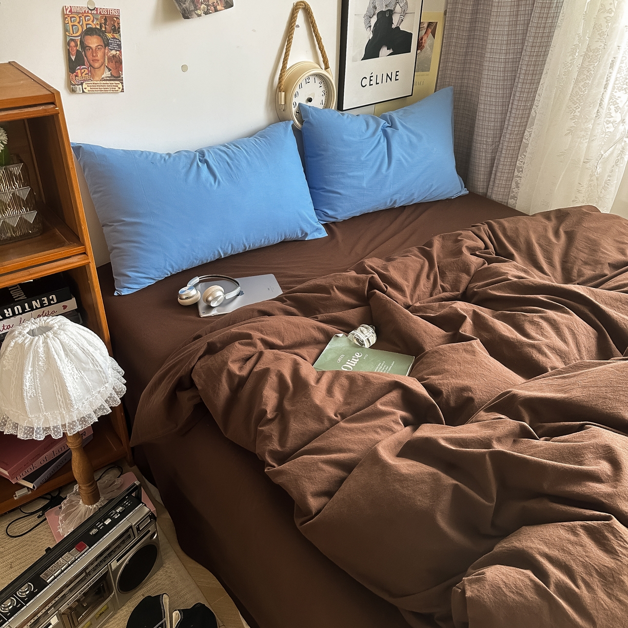 91家纺网 家纺一手货源 找家纺 对白 2025新款全棉纯棉色织水洗棉四件套-纯色摩卡 摩卡（枕套鸢尾蓝）