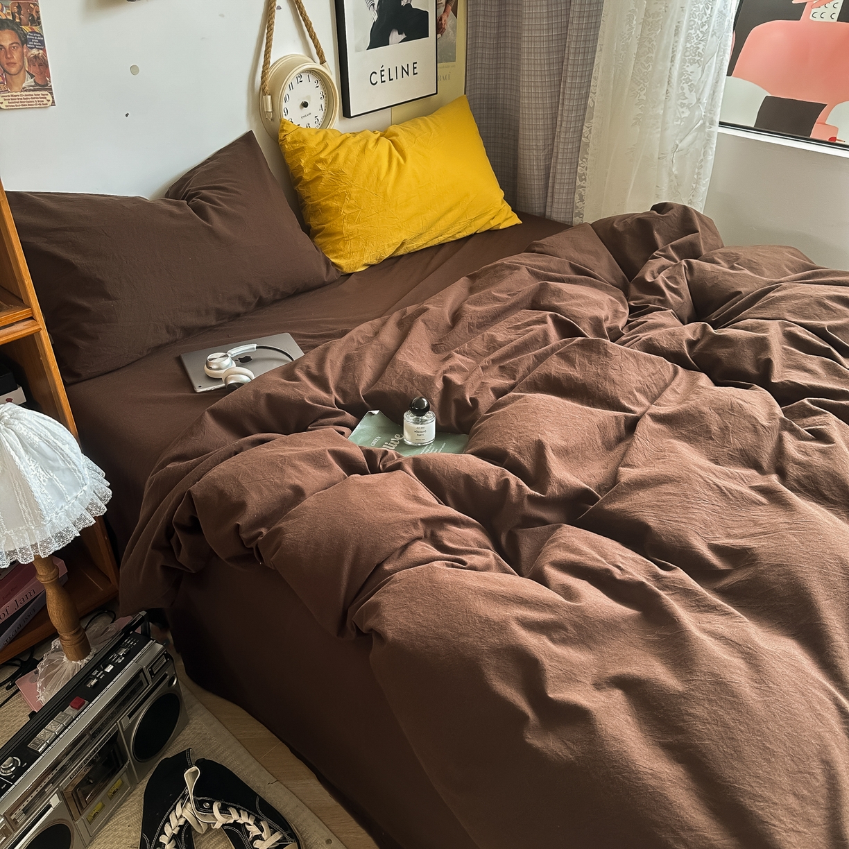 91家纺网 家纺一手货源 找家纺 对白 2025新款全棉纯棉色织水洗棉四件套-纯色摩卡 摩卡（枕套摩卡+姜黄）