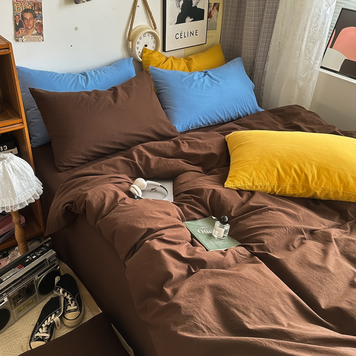 91家纺网 家纺一手货源 找家纺 对白 2025新款全棉纯棉色织水洗棉四件套-纯色摩卡 摩卡（枕套鸢尾蓝）