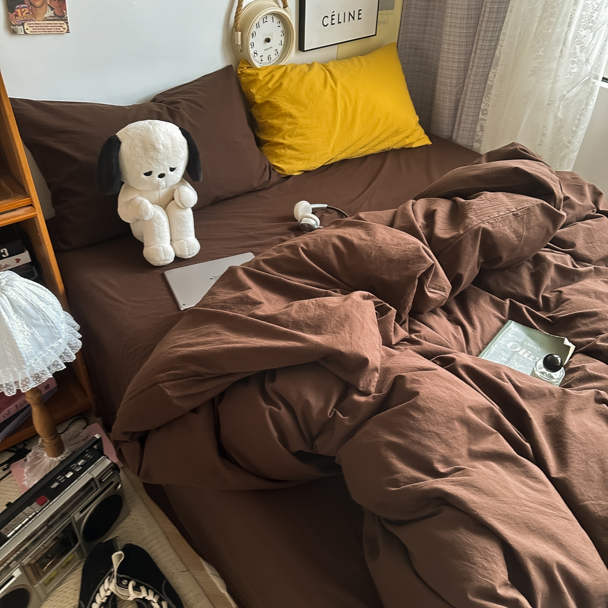 91家纺网 家纺一手货源 找家纺 对白 2025新款全棉纯棉色织水洗棉四件套-纯色摩卡 摩卡（枕套鸢尾蓝+姜黄）