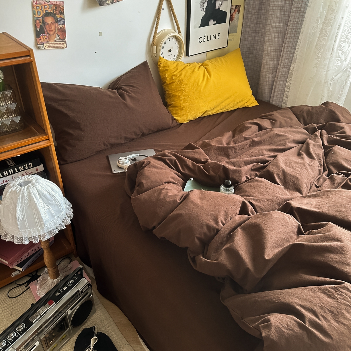 91家纺网 家纺一手货源 找家纺 对白 2025新款全棉纯棉色织水洗棉四件套-纯色摩卡 摩卡（枕套鸢尾蓝）