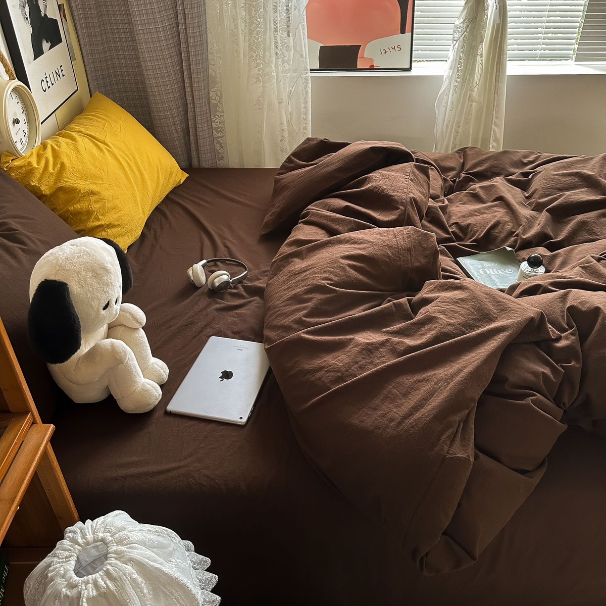 91家纺网 家纺一手货源 找家纺 对白 2025新款全棉纯棉色织水洗棉四件套-纯色摩卡 摩卡（枕套姜黄）