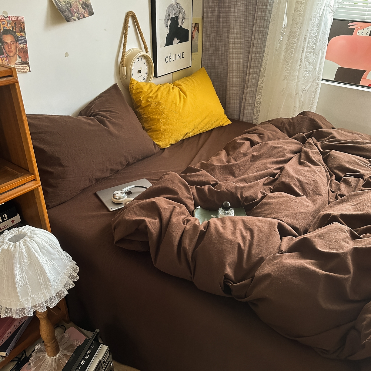 91家纺网 家纺一手货源 找家纺 对白 2025新款全棉纯棉色织水洗棉四件套-纯色摩卡 摩卡（枕套鸢尾蓝+姜黄）