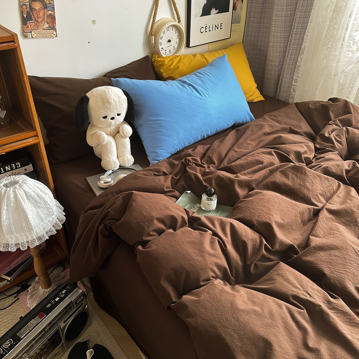 91家纺网 家纺一手货源 找家纺 对白 2025新款全棉纯棉色织水洗棉四件套-纯色摩卡 摩卡（枕套摩卡+姜黄）