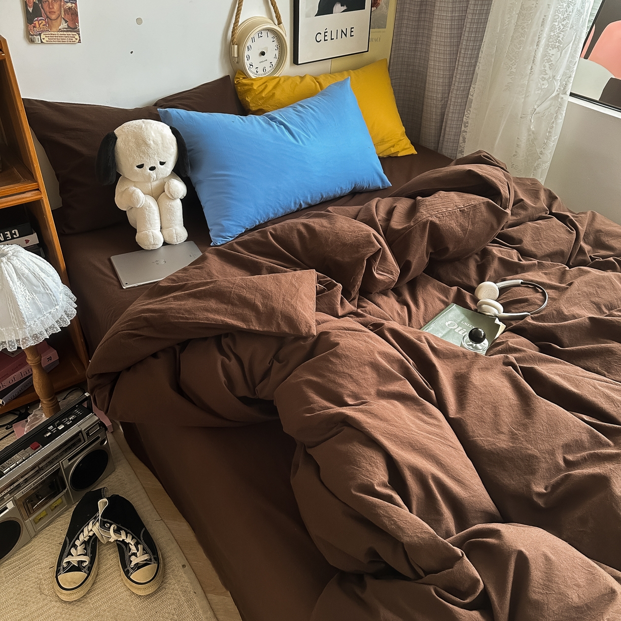 91家纺网 家纺一手货源 找家纺 对白 2025新款全棉纯棉色织水洗棉四件套-纯色摩卡 摩卡（枕套鸢尾蓝+姜黄）