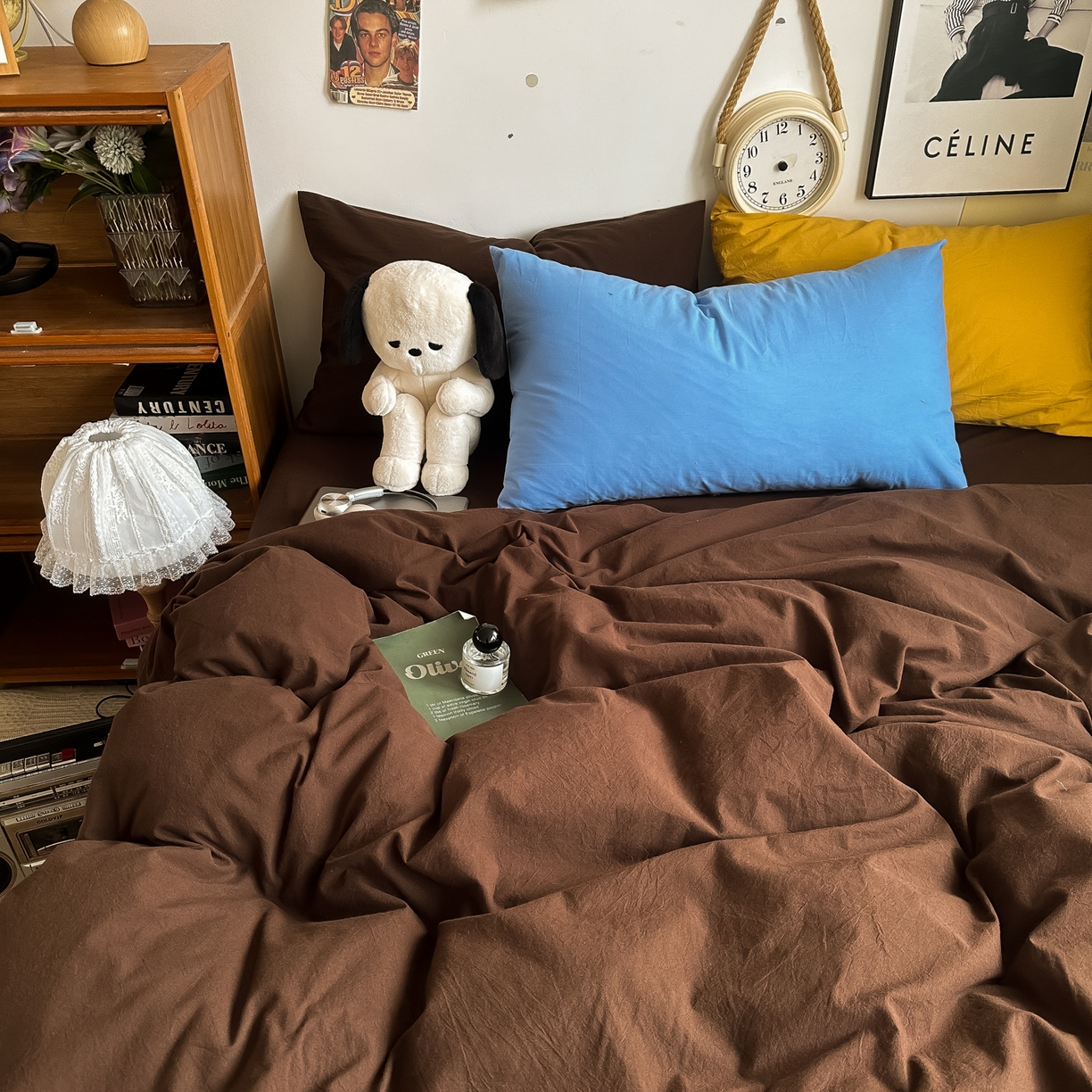 91家纺网 家纺一手货源 找家纺 对白 2025新款全棉纯棉色织水洗棉四件套-纯色摩卡 摩卡（枕套鸢尾蓝+姜黄）