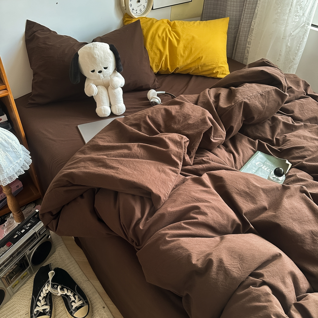 91家纺网 家纺一手货源 找家纺 对白 2025新款全棉纯棉色织水洗棉四件套-纯色摩卡 摩卡（枕套姜黄）