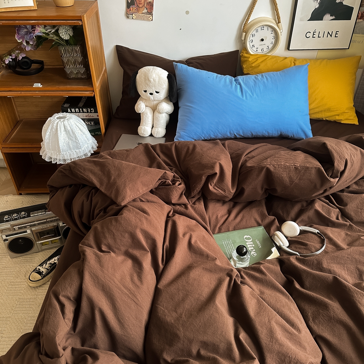 91家纺网 家纺一手货源 找家纺 对白 2025新款全棉纯棉色织水洗棉四件套-纯色摩卡 摩卡（枕套鸢尾蓝）