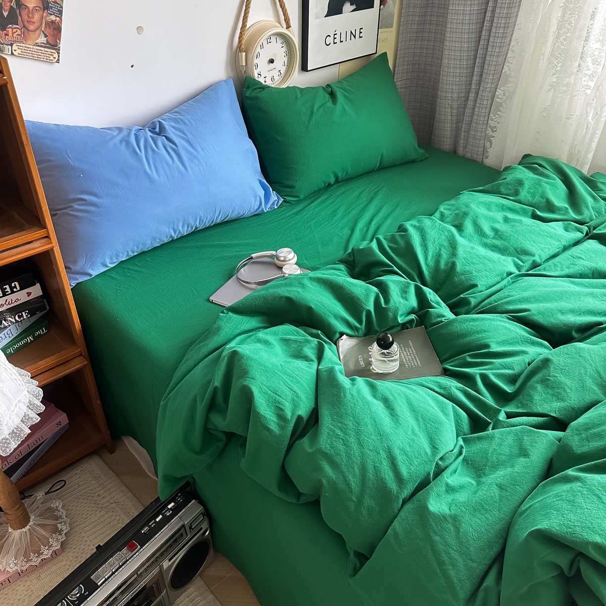 91家纺网 家纺一手货源 找家纺 对白 2025新款全棉纯棉色织水洗棉四件套-纯色海王绿 海王绿（枕套海王绿+鸢尾蓝）