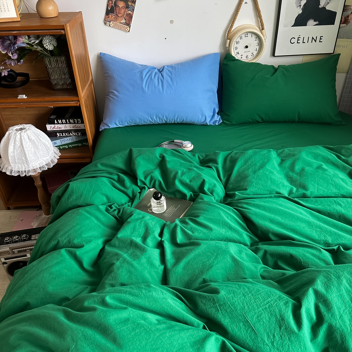 91家纺网 家纺一手货源 找家纺 （总）对白 2025新款全棉纯棉色织水洗棉四件套-纯色海王绿【提供买家秀】