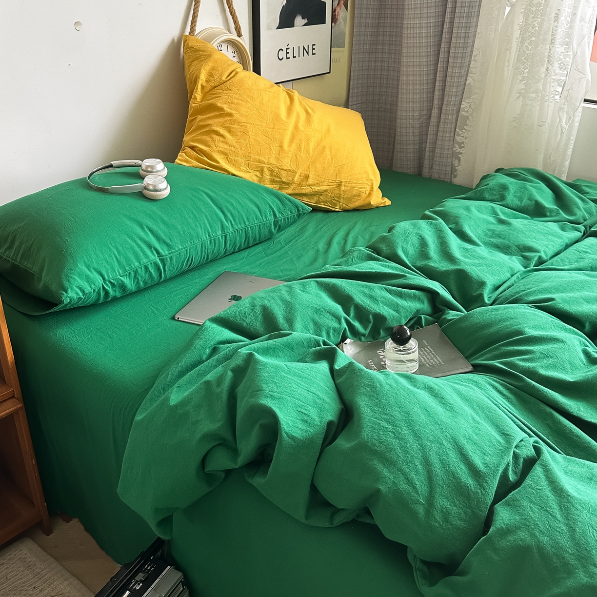 91家纺网 家纺一手货源 找家纺 （总）对白 2025新款全棉纯棉色织水洗棉四件套-纯色海王绿【提供买家秀】