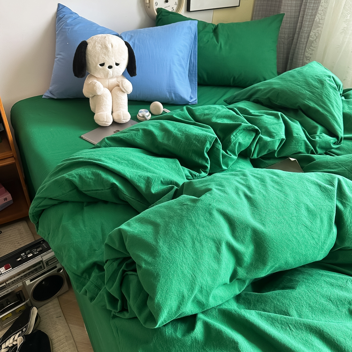 91家纺网 家纺一手货源 找家纺 对白 2025新款全棉纯棉色织水洗棉四件套-纯色海王绿 纯色海王绿