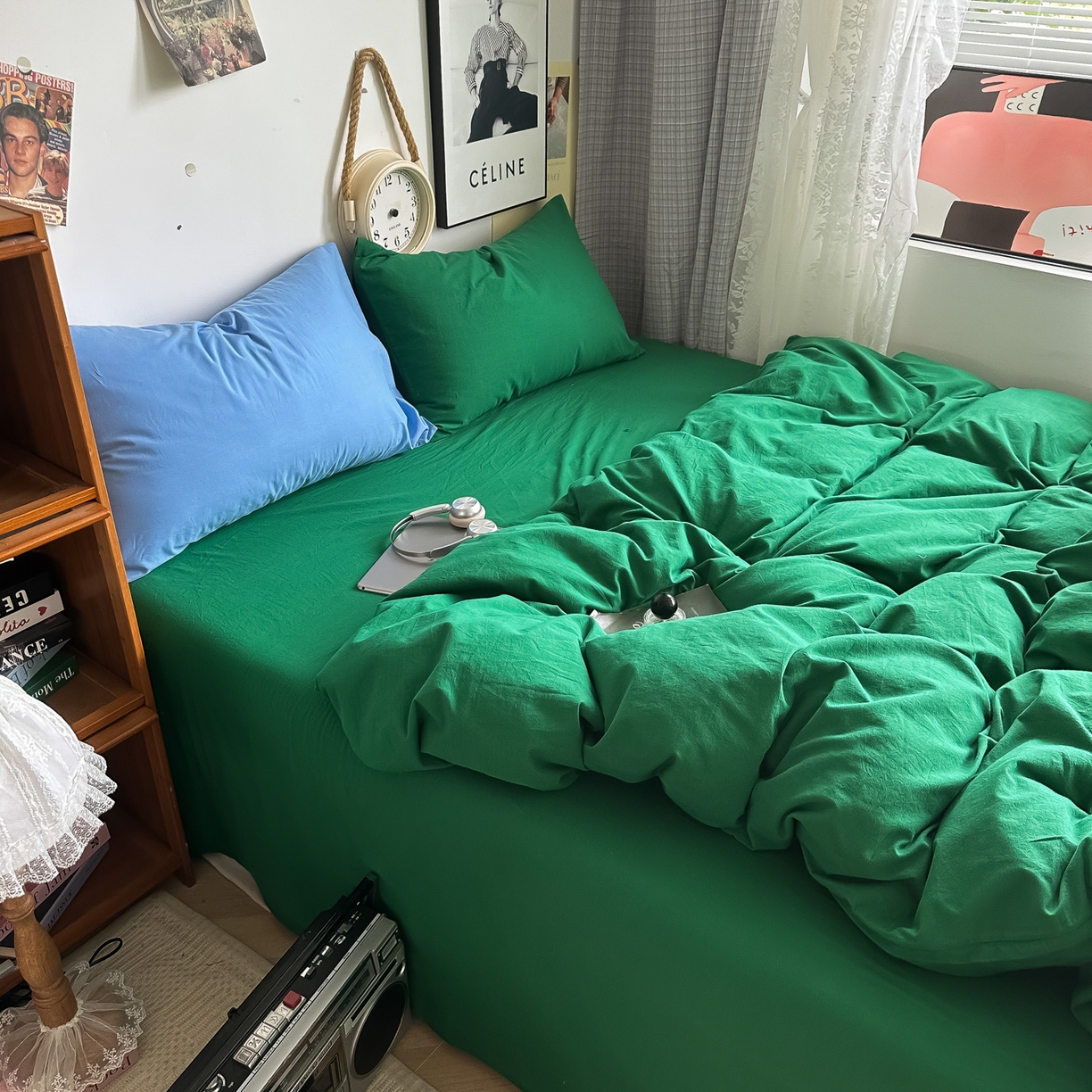 91家纺网 家纺一手货源 找家纺 对白 2025新款全棉纯棉色织水洗棉四件套-纯色海王绿 海王绿（枕套海王绿+姜黄）