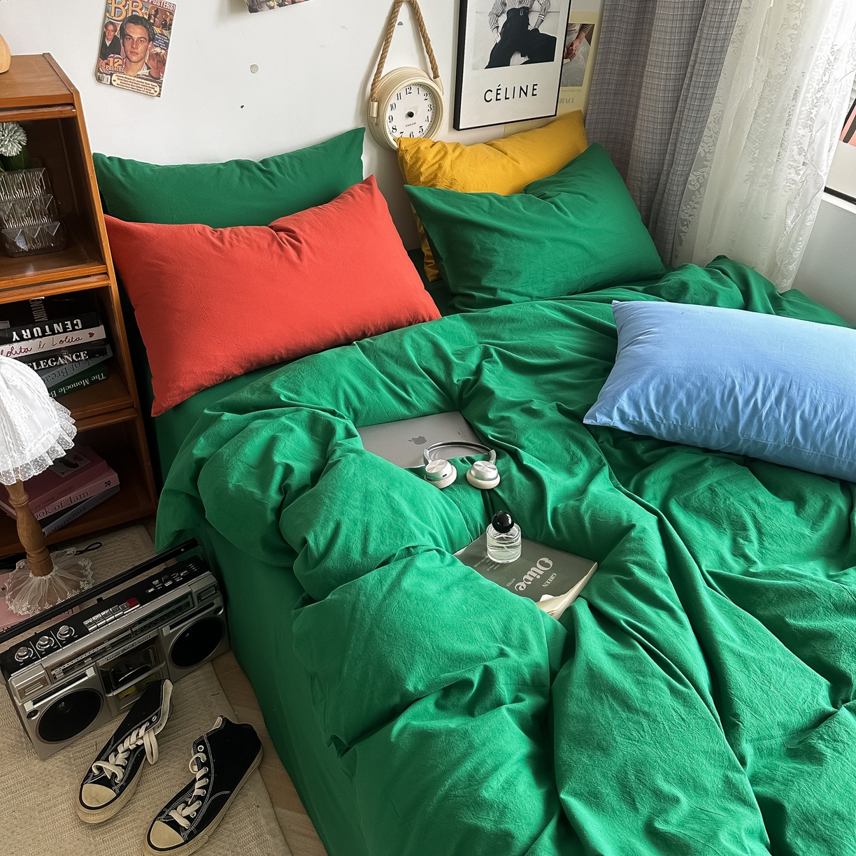 91家纺网 家纺一手货源 找家纺 对白 2025新款全棉纯棉色织水洗棉四件套-纯色海王绿 纯色海王绿