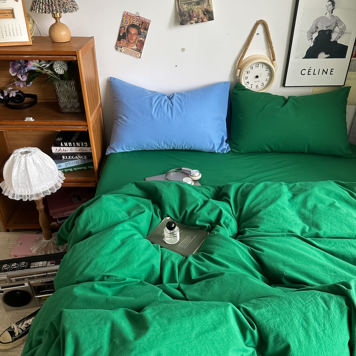 91家纺网 家纺一手货源 找家纺 对白 2025新款全棉纯棉色织水洗棉四件套-纯色海王绿 海王绿（枕套海王绿+姜黄）