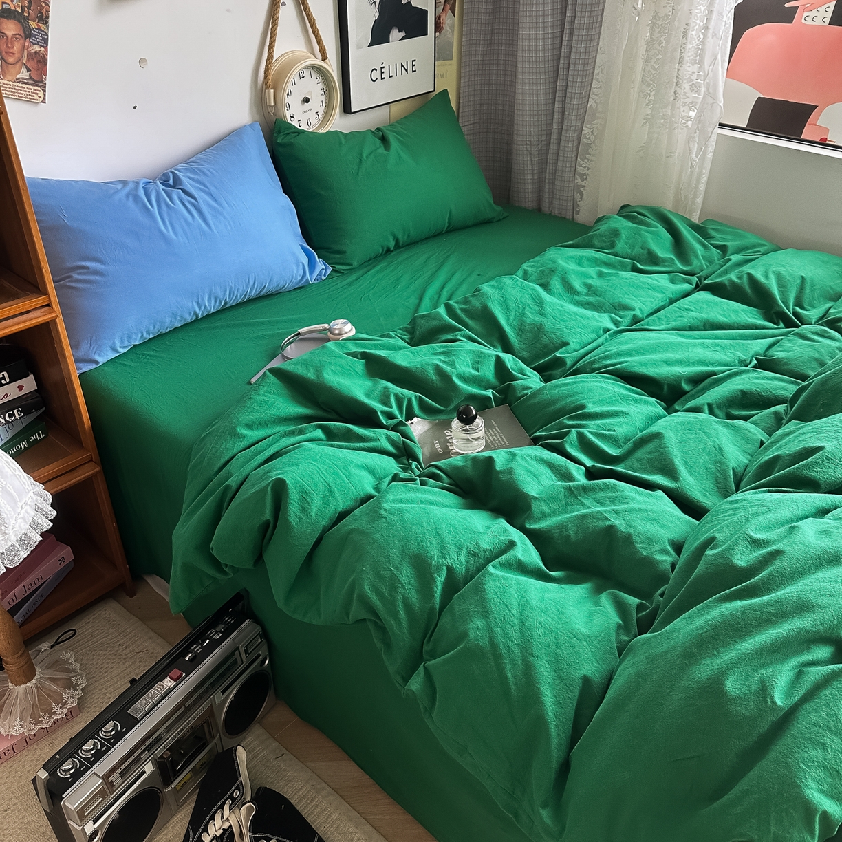 91家纺网 家纺一手货源 找家纺 对白 2025新款全棉纯棉色织水洗棉四件套-纯色海王绿 海王绿（枕套鸢尾蓝+枫叶红）