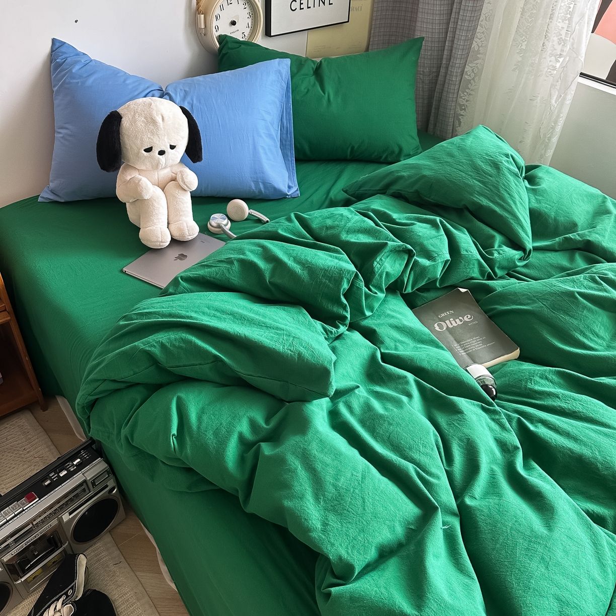 91家纺网 家纺一手货源 找家纺 对白 2025新款全棉纯棉色织水洗棉四件套-纯色海王绿 海王绿（枕套鸢尾蓝+枫叶红）