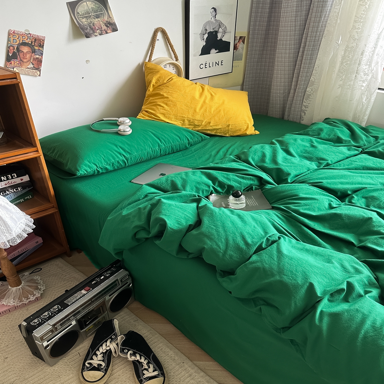 91家纺网 家纺一手货源 找家纺 （总）对白 2025新款全棉纯棉色织水洗棉四件套-纯色海王绿【提供买家秀】