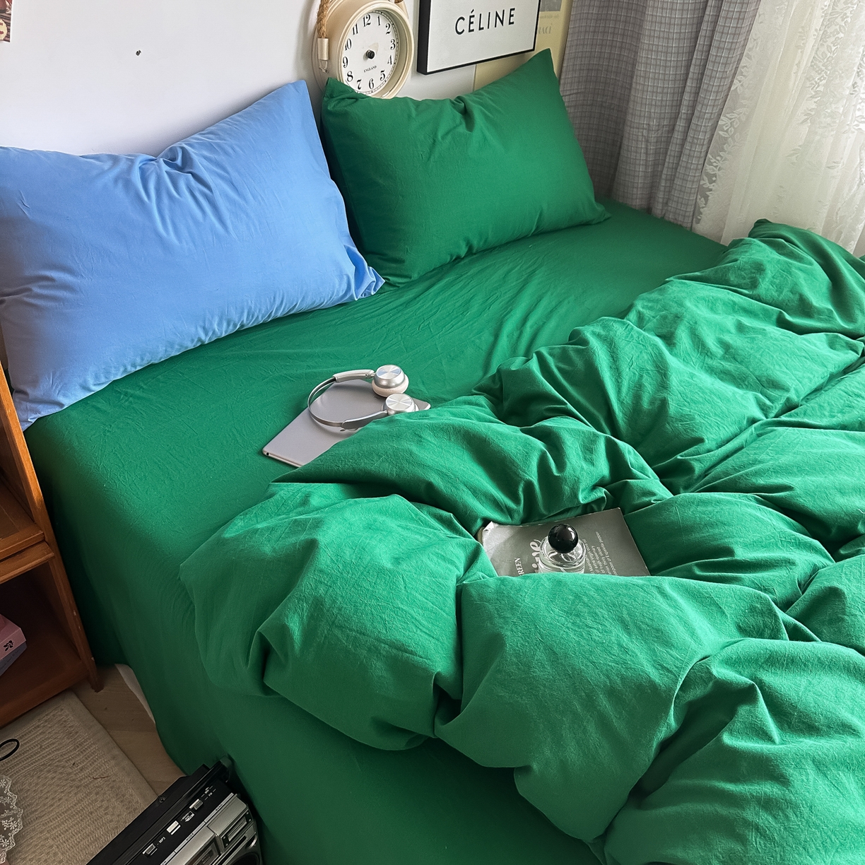 91家纺网 家纺一手货源 找家纺 对白 2025新款全棉纯棉色织水洗棉四件套-纯色海王绿 海王绿（枕套海王绿+鸢尾蓝）