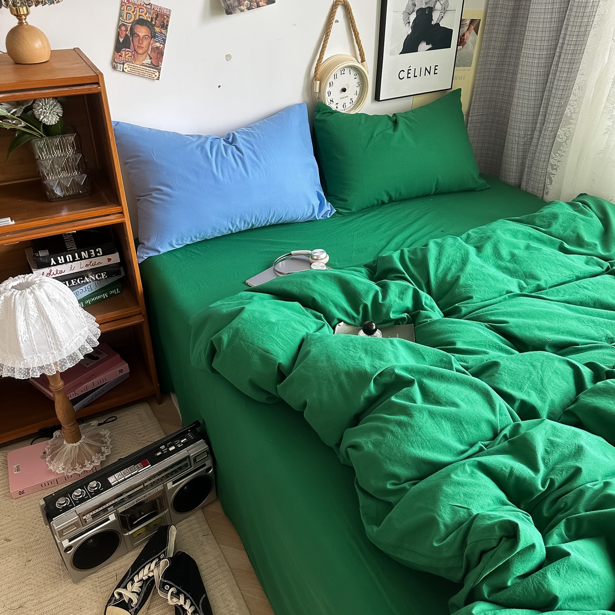91家纺网 家纺一手货源 找家纺 对白 2025新款全棉纯棉色织水洗棉四件套-纯色海王绿 海王绿（枕套海王绿+鸢尾蓝）