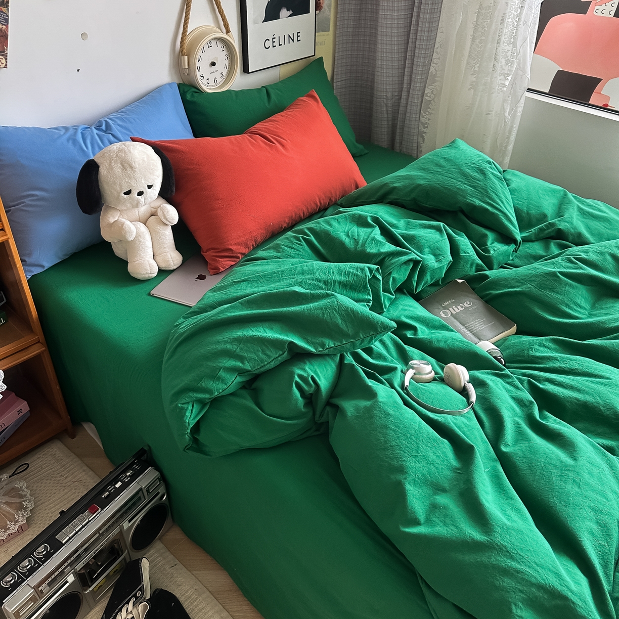 91家纺网 家纺一手货源 找家纺 对白 2025新款全棉纯棉色织水洗棉四件套-纯色海王绿 海王绿（枕套海王绿+姜黄）