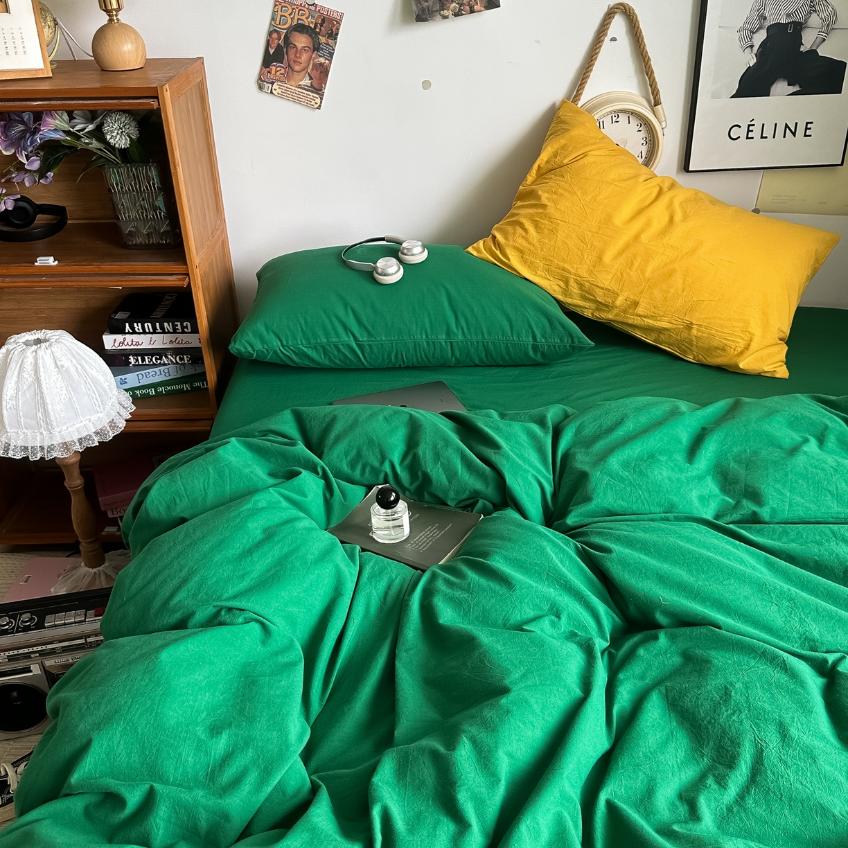 91家纺网 家纺一手货源 找家纺 对白 2025新款全棉纯棉色织水洗棉四件套-纯色海王绿 海王绿（枕套海王绿+姜黄）