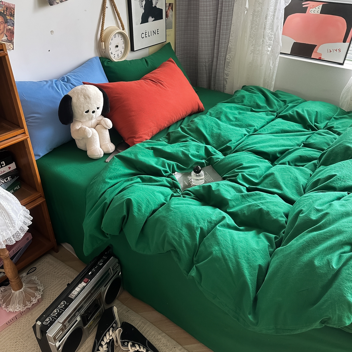 91家纺网 家纺一手货源 找家纺 对白 2025新款全棉纯棉色织水洗棉四件套-纯色海王绿 海王绿（枕套海王绿+姜黄）