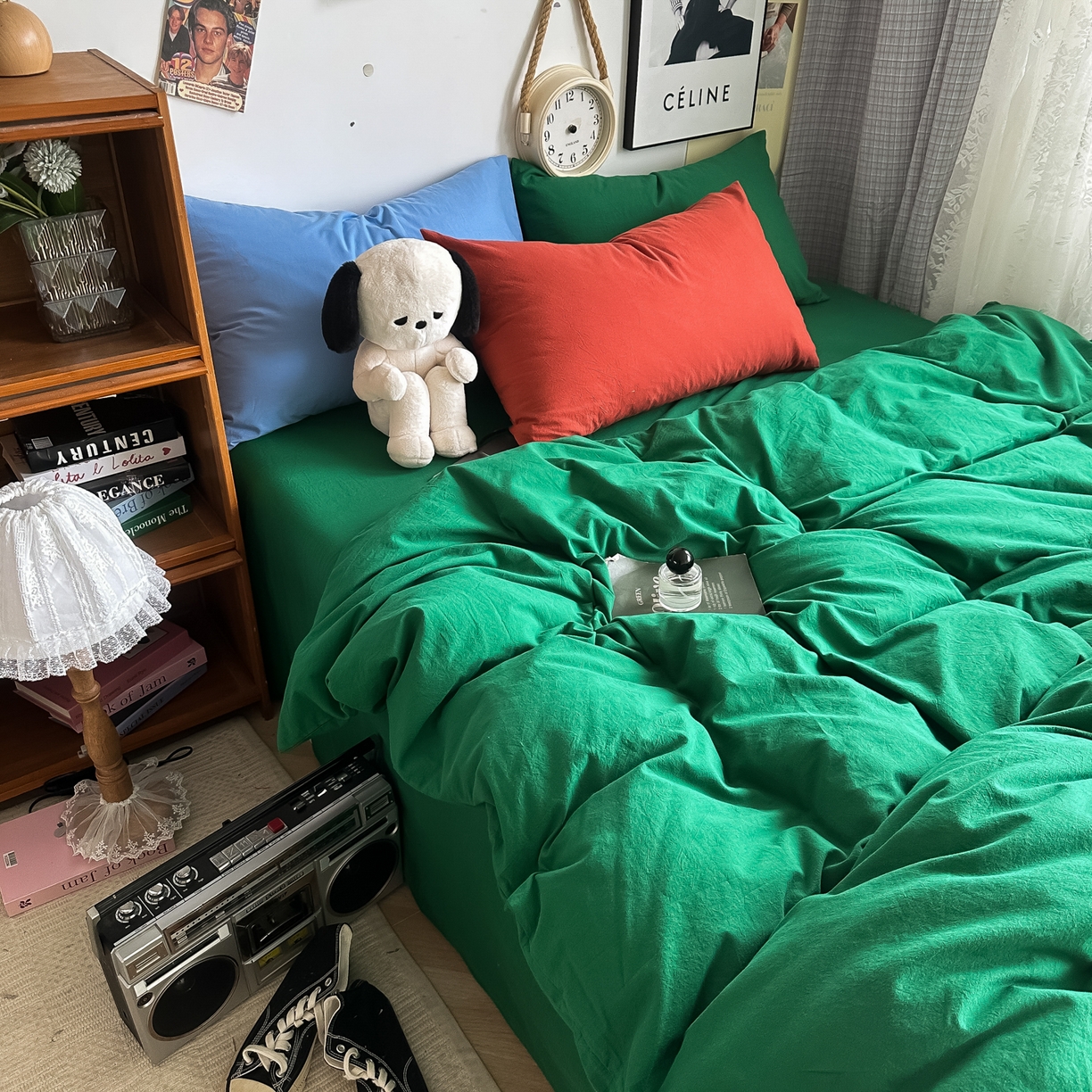 91家纺网 家纺一手货源 找家纺 对白 2025新款全棉纯棉色织水洗棉四件套-纯色海王绿 海王绿（枕套鸢尾蓝+枫叶红）