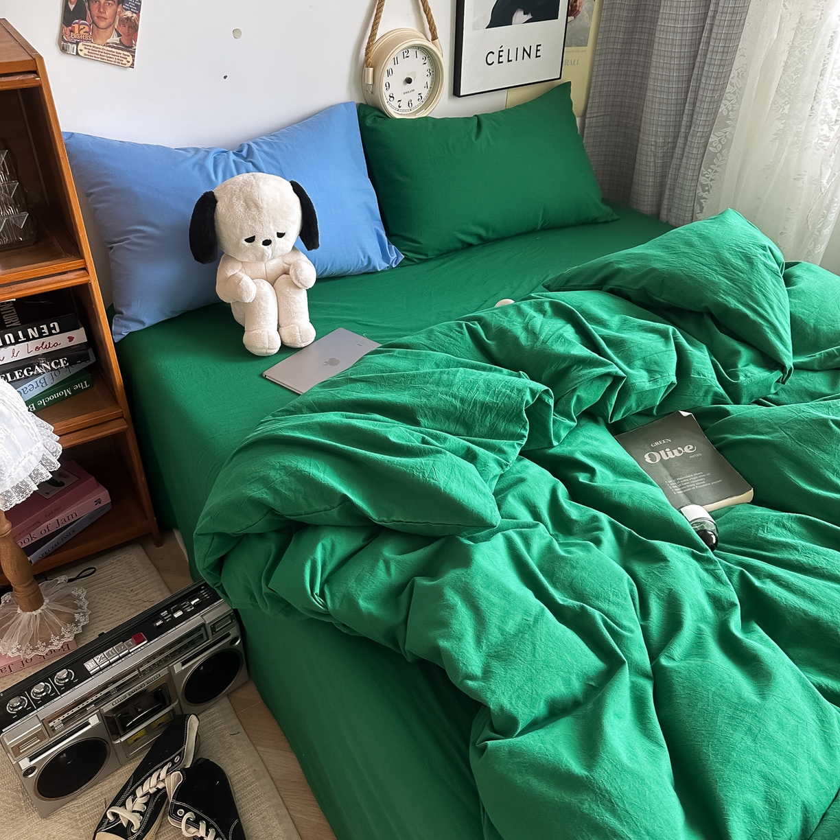 91家纺网 家纺一手货源 找家纺 （总）对白 2025新款全棉纯棉色织水洗棉四件套-纯色海王绿【提供买家秀】